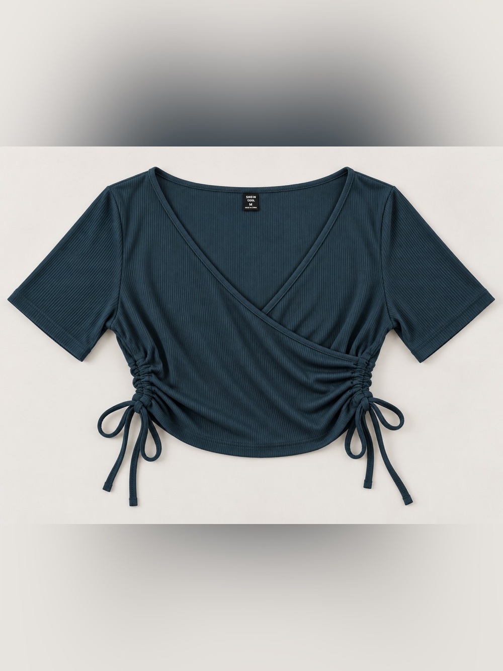 Ribbed Teal Side-Ruched Wrap Crop Top